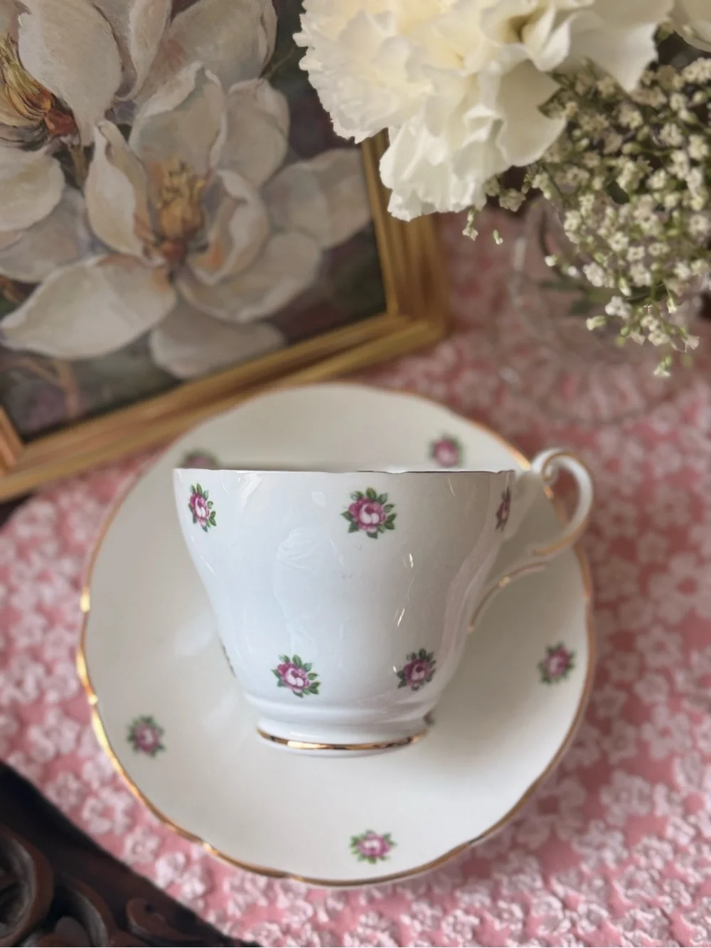 White Porcelain Teacup & Saucer Set with Pink Rose Accents